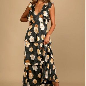 Lulus 'No Introductions Needed' Black Burnout Floral Tiered Maxi Dress